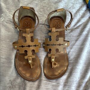 Tory Burch large logo sandals with small wedge heel